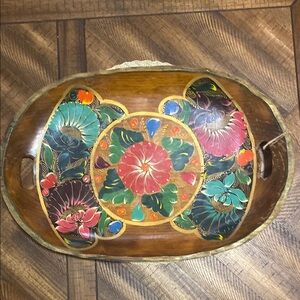 Wooden hand painted tray with handles vintage